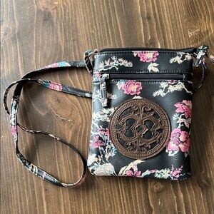 Sakroots Black and Pink Floral Crossbody Bag with Brown Emblem